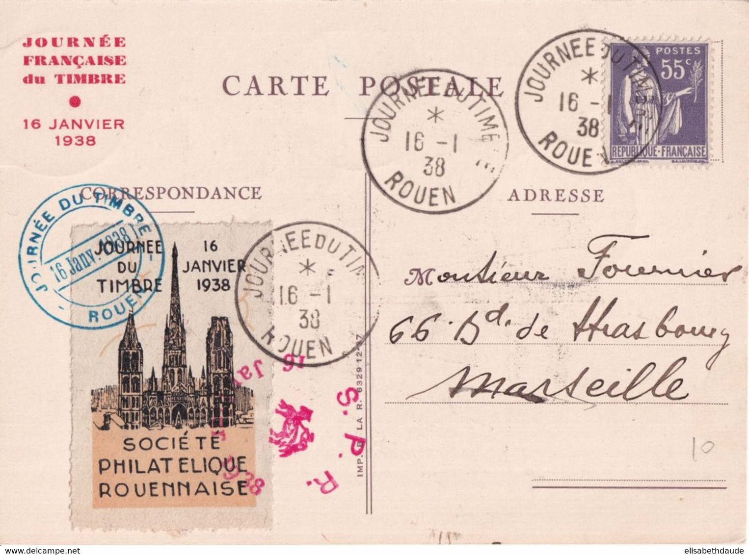 1938 - VIGNETTE EXPOSITION JOURNEE DU TIMBRE De ROUEN Sur CARTE OFFICIELLE ILLUSTREE (VOIE DOS) - Philatelic Fairs
