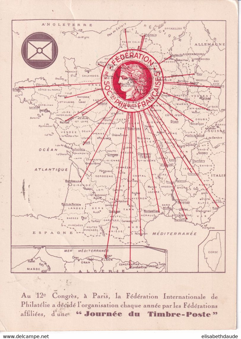 1938 - VIGNETTE EXPOSITION JOURNEE DU TIMBRE De ROUEN Sur CARTE OFFICIELLE ILLUSTREE (VOIE DOS) - Esposizioni Filateliche