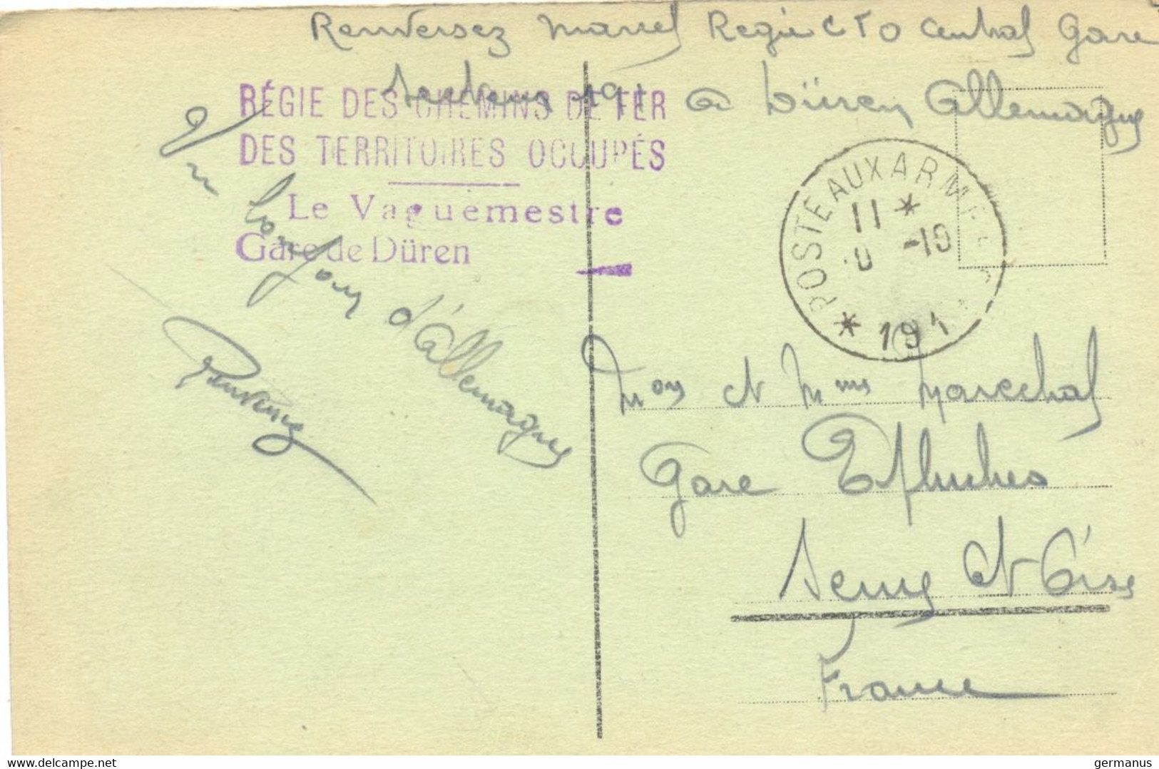 GUERRE 14-18 OCCUPATION Allemagne RÉGIE DES CHEMINS DE FER DES TERRITOIRES OCCUPÉS Gare De DÜREN - Guerra Del 1914-18