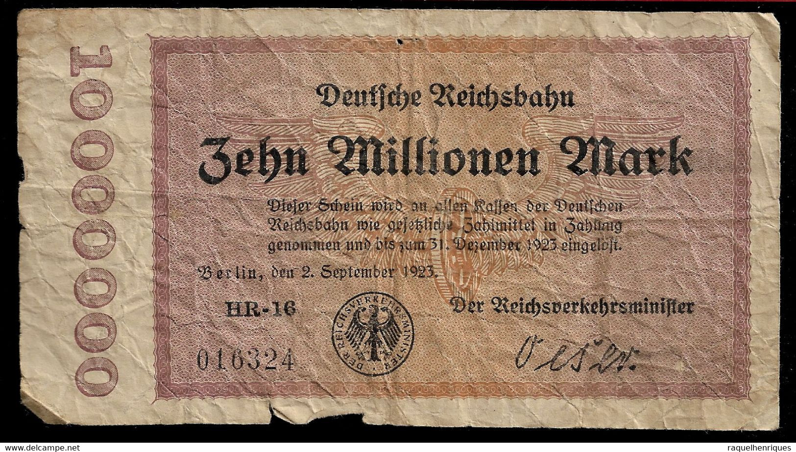 GERMANY BERLIN BANKNOTE 10 Millionen Mark 1923 UNIFACE F (NT#05) - Otros & Sin Clasificación