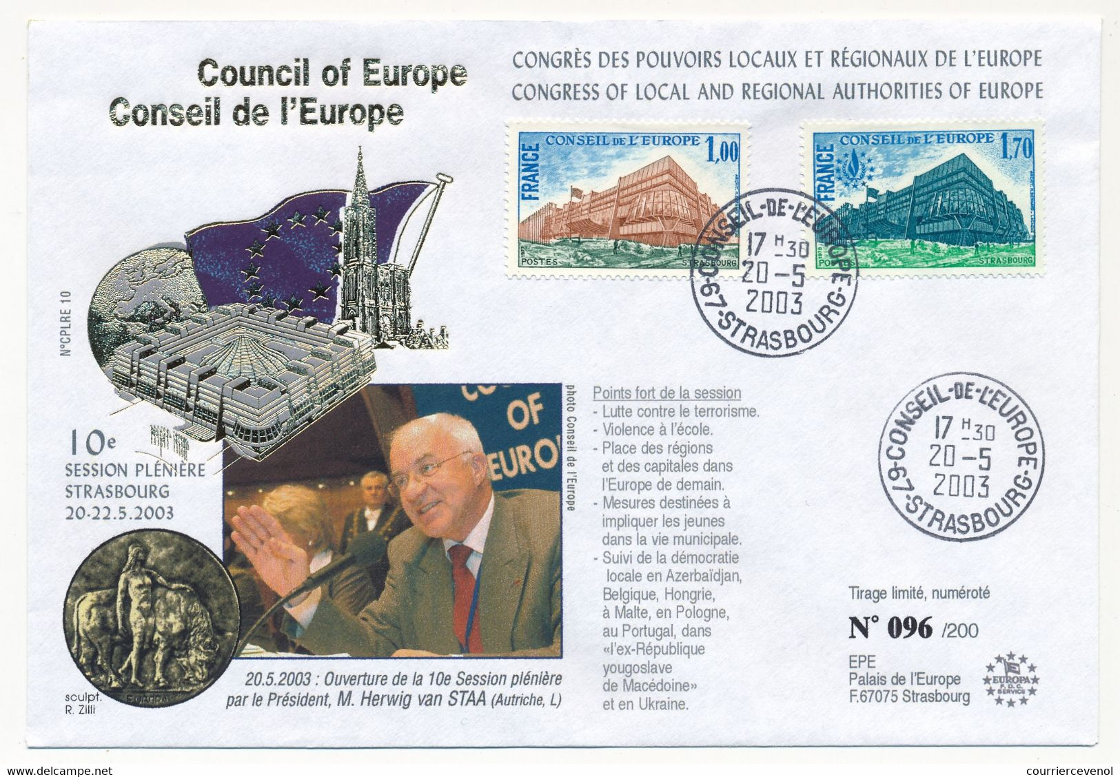 FRANCE - Obl Conseil Eur. Strasbourg 20/5/2003 S/ 2 Val C.E. - Session Plénière HERWIG Van STAA (Autriche) - Covers & Documents