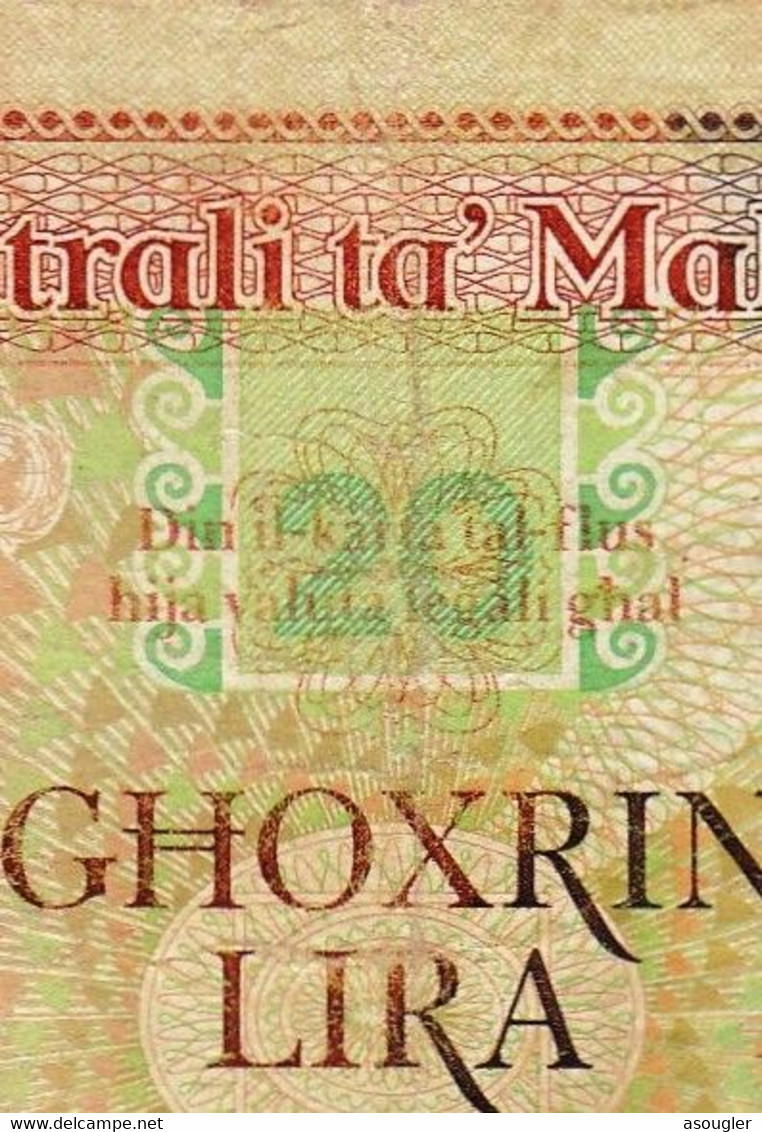 MALTA 20 LIRA 1967 (1989) F-VF P-44a Error Printing With "20" "free Shipping Via Registered Air Mail" - Malta