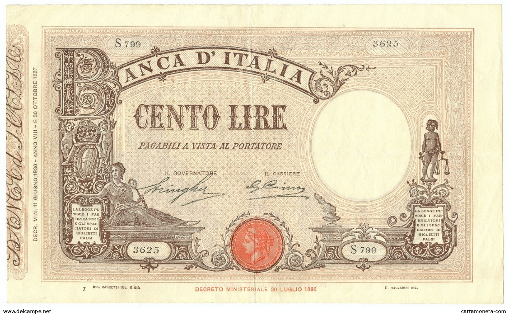 100 LIRE BARBETTI GRANDE B MATRICE LATERALE TESTINA FASCIO 11/06/1930 SPL/SPL+ - Otros