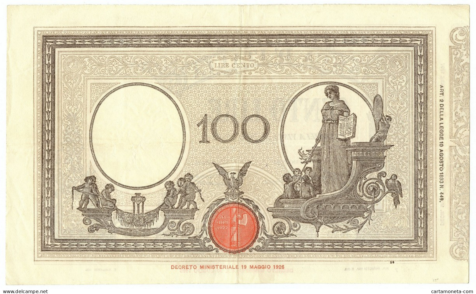 100 LIRE BARBETTI GRANDE B MATRICE LATERALE TESTINA FASCIO 11/06/1930 SPL/SPL+ - Regno D'Italia – Other