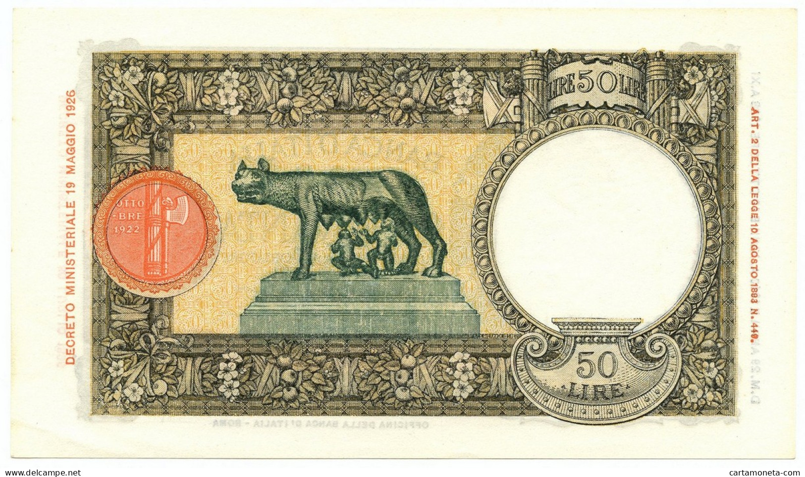 50 LIRE CAPRANESI LUPA CAPITOLINA MARGINE LARGO FASCIO ROMA 29/04/1940 SUP+ - Regno D'Italia – Other