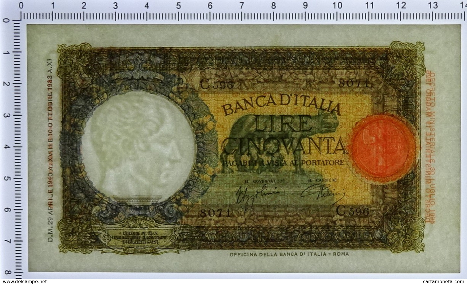 50 LIRE CAPRANESI LUPA CAPITOLINA MARGINE LARGO FASCIO ROMA 29/04/1940 SUP+ - Otros