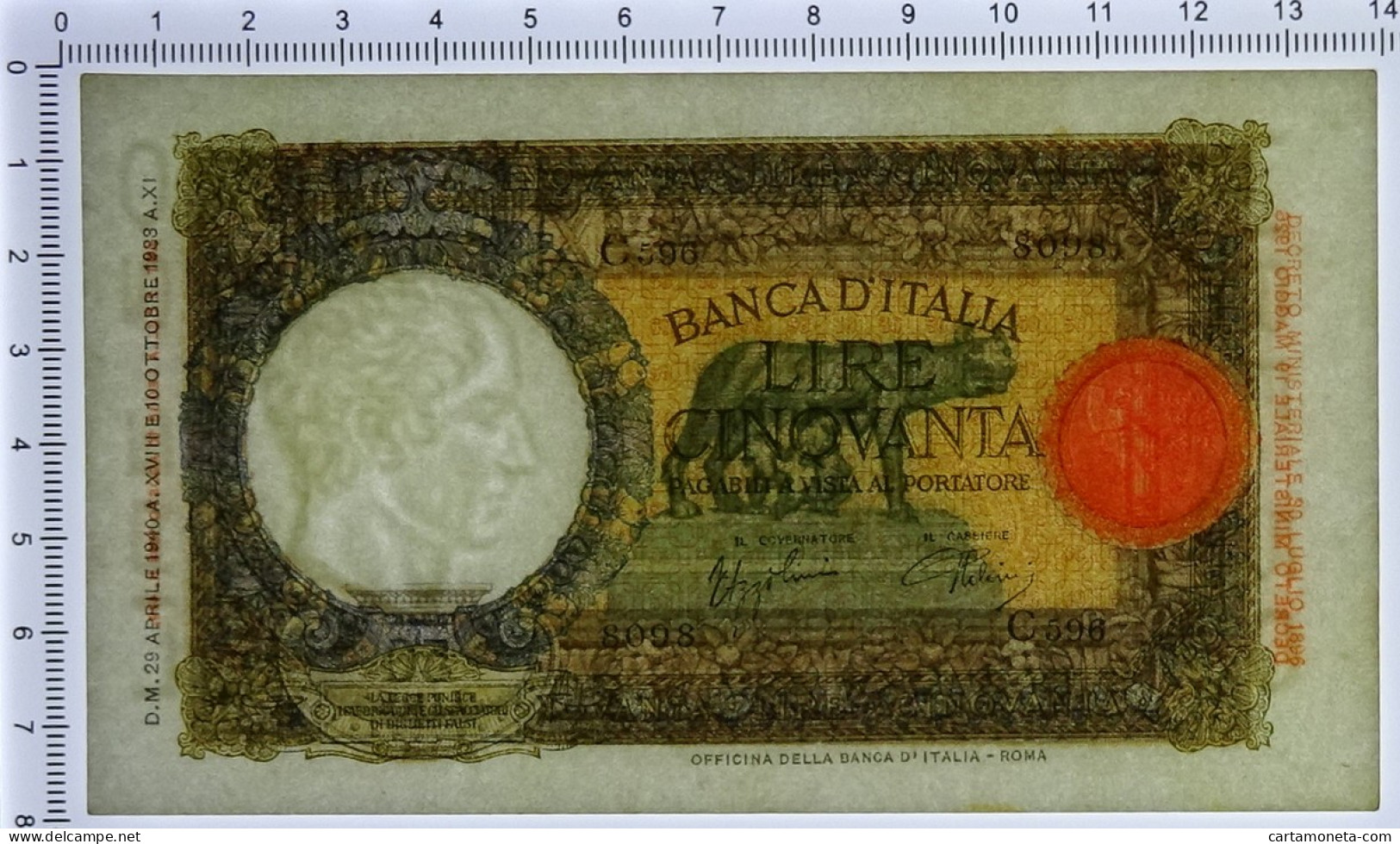 50 LIRE CAPRANESI LUPA CAPITOLINA MARGINE LARGO FASCIO ROMA 29/04/1940 QFDS - Otros