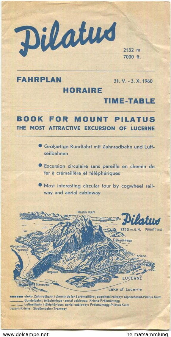 Schweiz - Pilatus - Fahrplan 1960 - Zahnrad- Und Luftseilbahn - Faltblatt Mit 3 Abbildungen - Europa