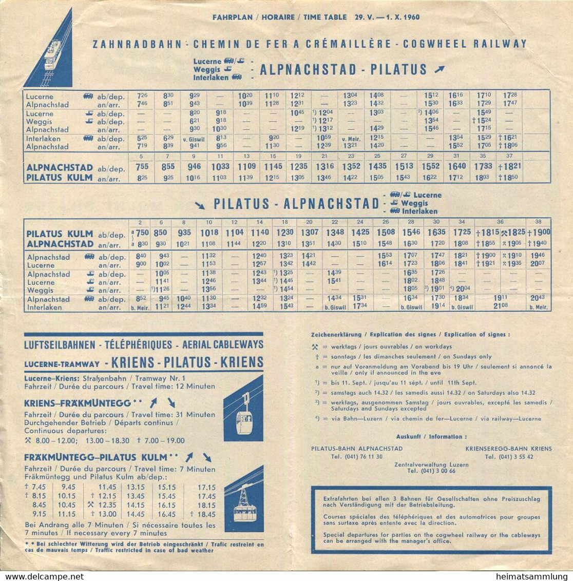 Schweiz - Pilatus - Fahrplan 1960 - Zahnrad- Und Luftseilbahn - Faltblatt Mit 3 Abbildungen - Europa