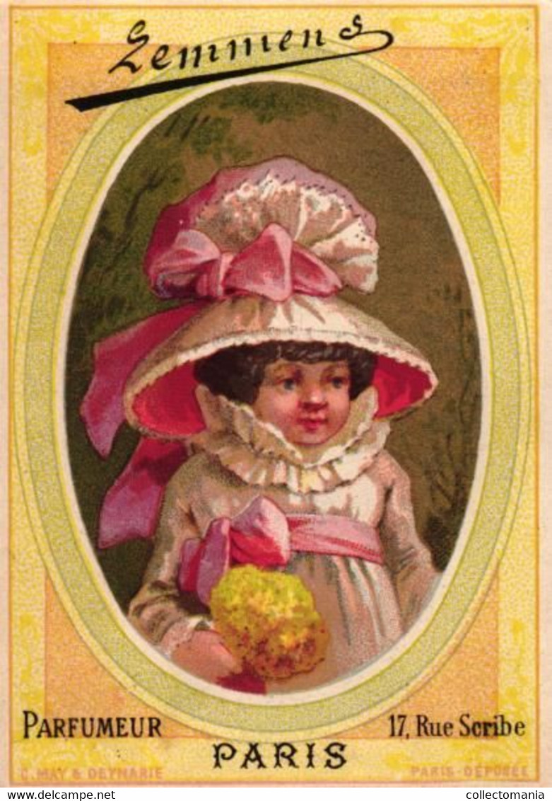 4 Cards Cartes Chromo Lemmens Parfumeur Rue Scribe PARIS Chapeaux Hats   Lith. May& Deymarie - Profumeria Antica (fino Al 1960)