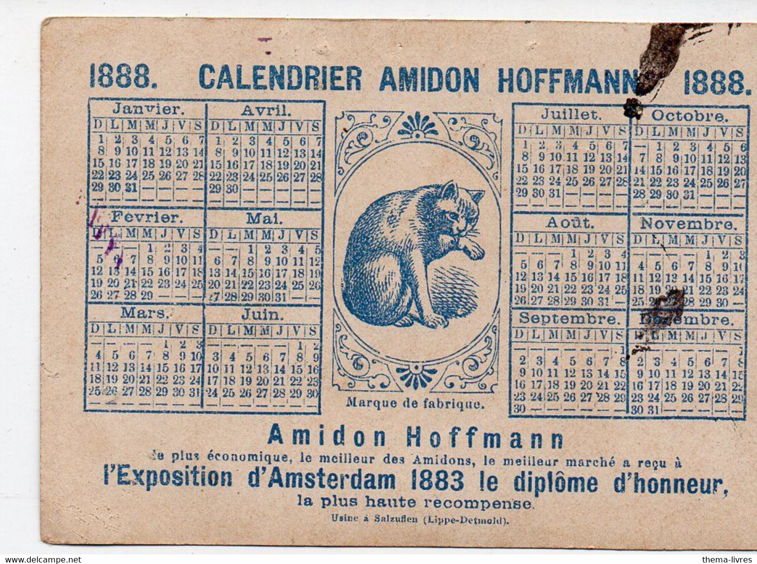 Salzuflen (Lippe-Deltmohl, Allemagne)   Calendrier 1888 AMIDON  HOFFMANN 1888 (PPP28147) - Petit Format : ...-1900