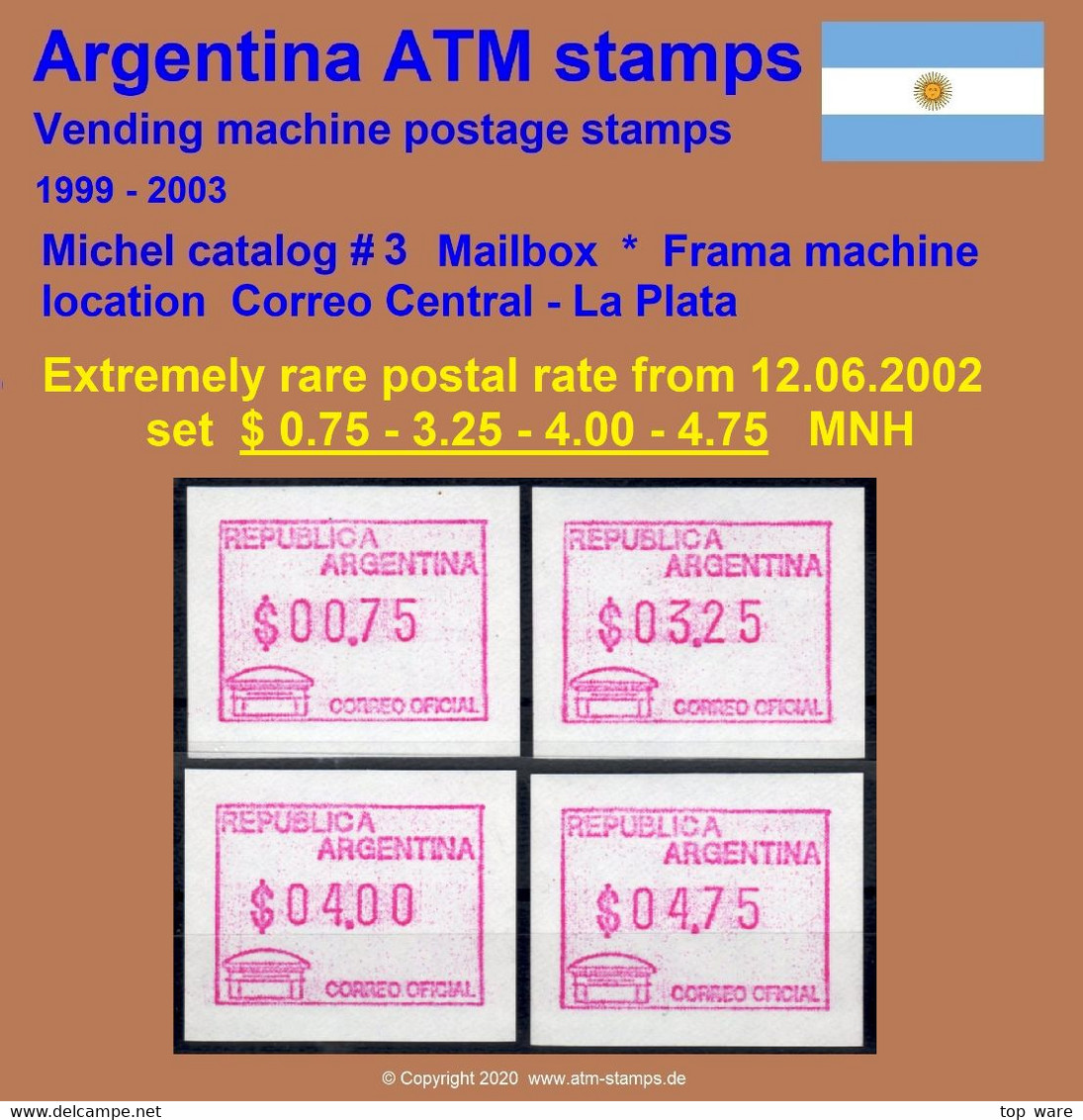 1999 Argentina Argentinien ATM 3 / RARE Postal Rate Set From 12.6.2002 MNH / FRAMA Automatenmarken Automatici - Franking Labels