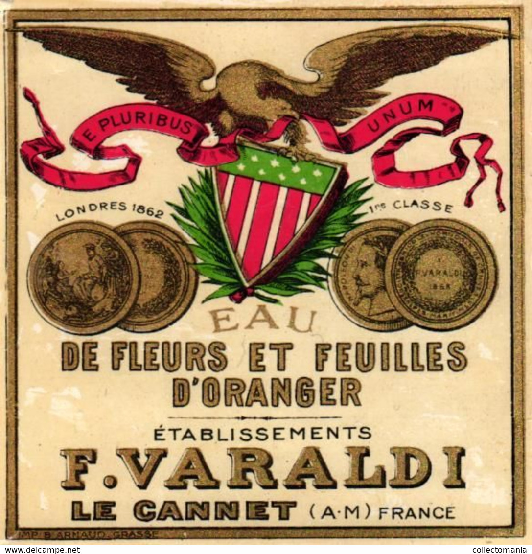 2 Etiquettes 1 Carte,Parfumerie F. Varaldi à Cannes Essence De Lavande Fleurs Alpes-Maritimes  Lithographie APPEL 1868 - Etiquettes