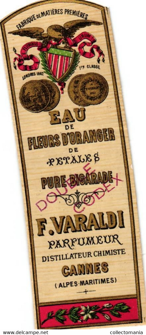 2 Etiquettes 1 Carte,Parfumerie F. Varaldi à Cannes Essence De Lavande Fleurs Alpes-Maritimes  Lithographie APPEL 1868 - Labels