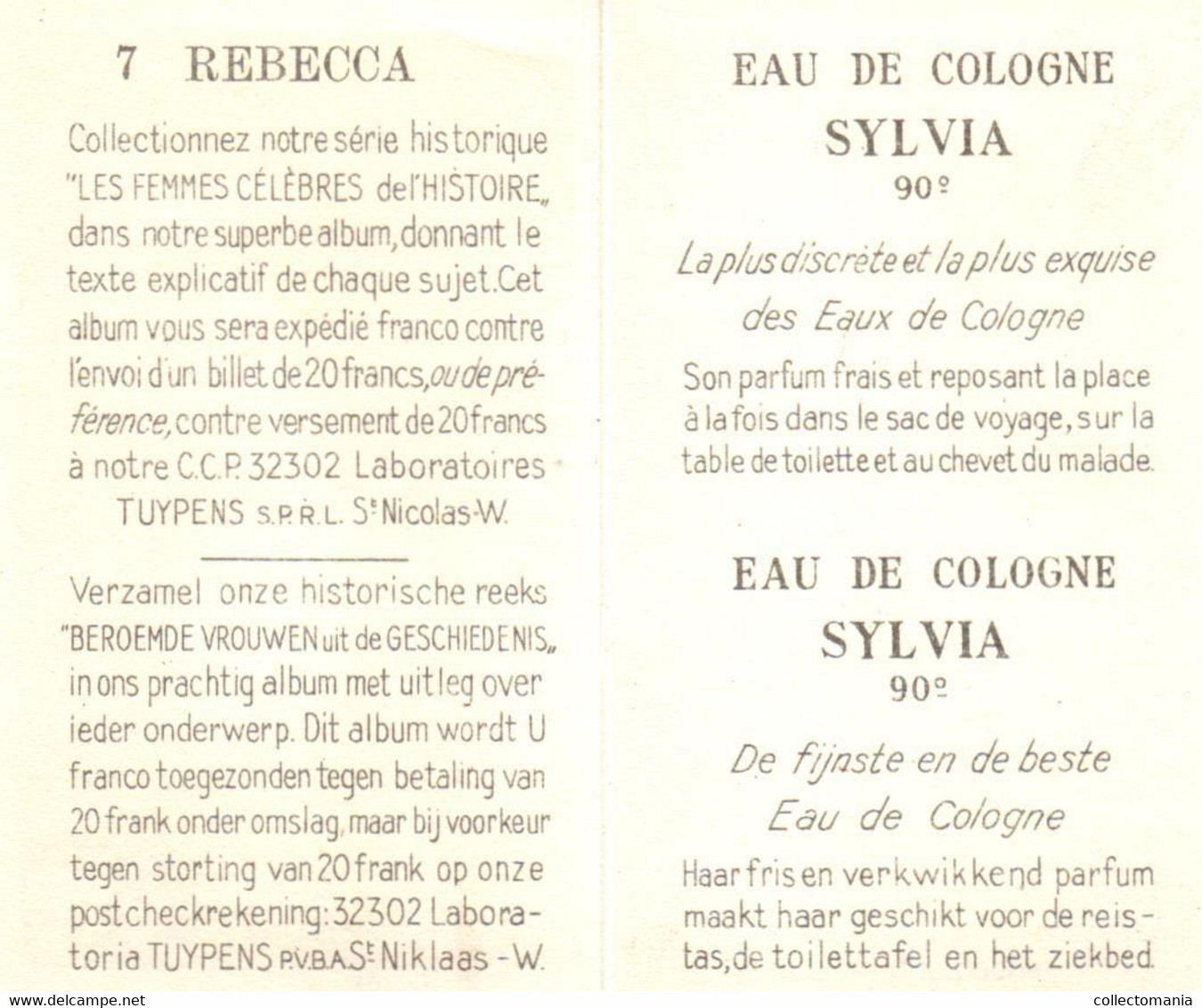 7 cartes Eau de Cologne Sylvia Tuypens  St.Niklaas-Waas  Femmes Célèbres de l'histoire Reine de Saba Jézabel Cléopatre