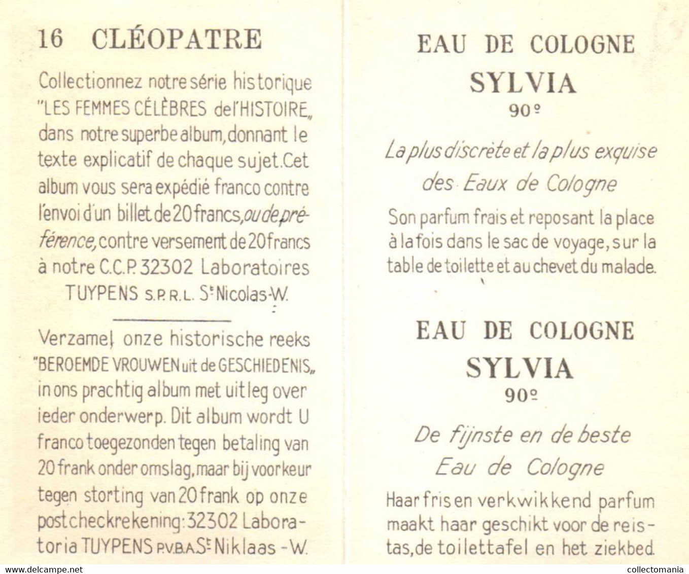 7 cartes Eau de Cologne Sylvia Tuypens  St.Niklaas-Waas  Femmes Célèbres de l'histoire Reine de Saba Jézabel Cléopatre