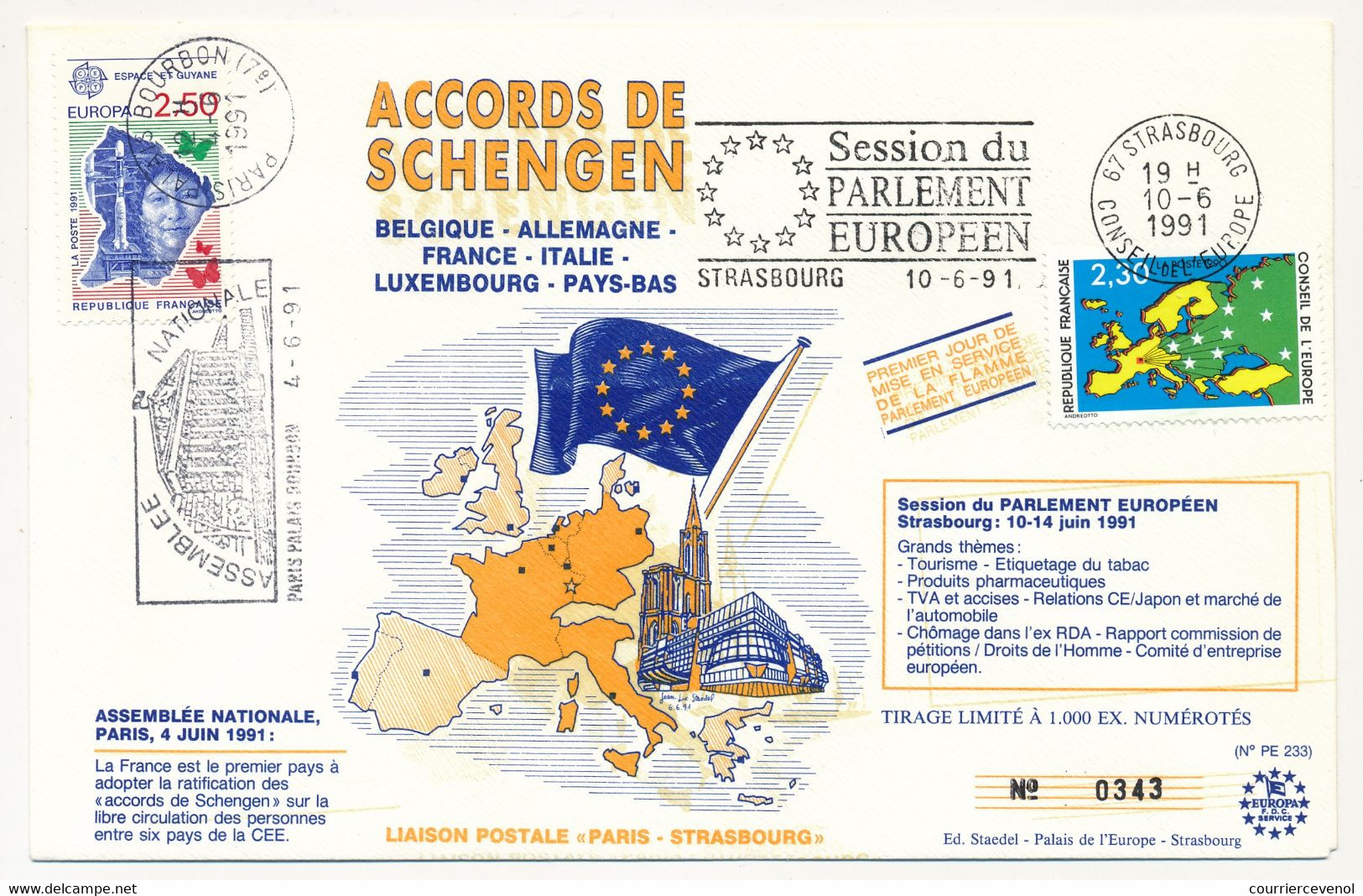 Env Affr 2,30 C.E OMEc Strasbourg, Session Du Parlement Eur + 2,50 Europa OMEC Assemblée Nationale - Juin 1991 SCHENGEN - Lettres & Documents