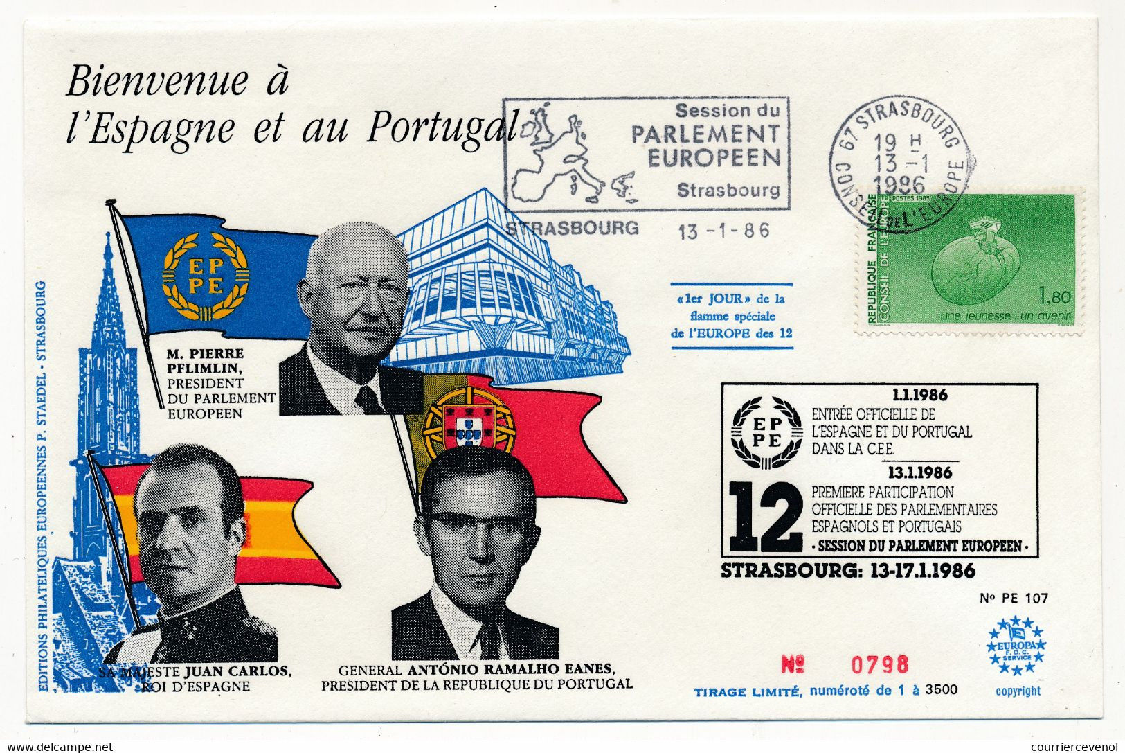 Env Affr 1,80 C.E OMEC Strasbourg, Session Du Parlement Eur 13/1/1986 - Entrée Espagne Et Portugal Dans La C.E.E. - Covers & Documents