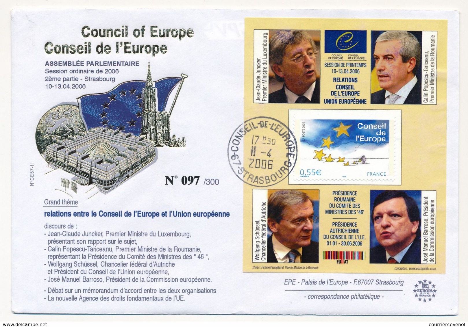 Env Affr 0,55E C.E Cad Conseil De L'Europe Strasbourg, 11/04/2006 - J.C. JUNCKER, ... J.M. Barroso ... - Storia Postale
