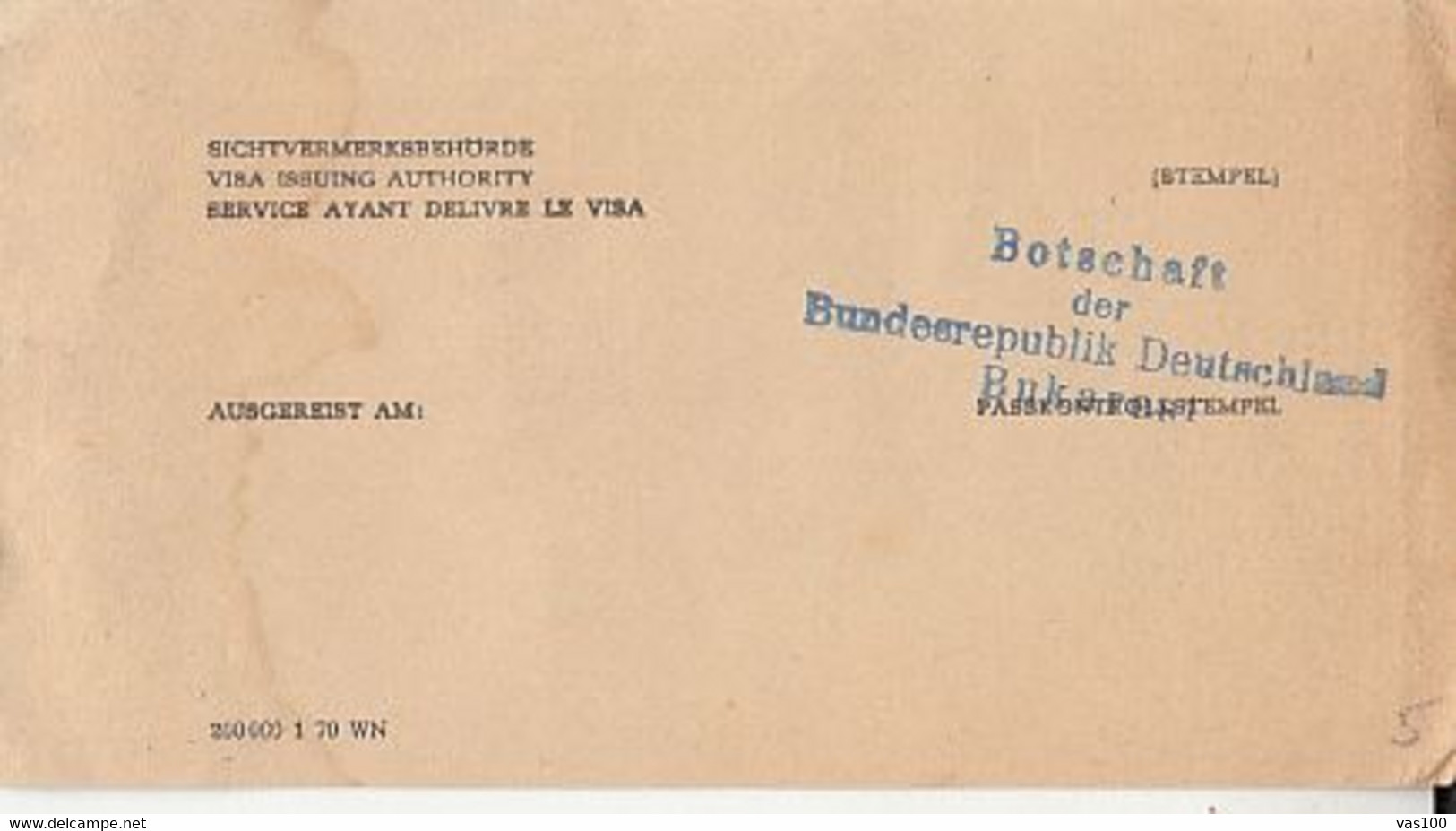 VISA CARD REGISTRATION FORM, GERMAN EMBASSY IN BUCHAREST INK STAMP, 1970, ROMANIA - 1950 - ...