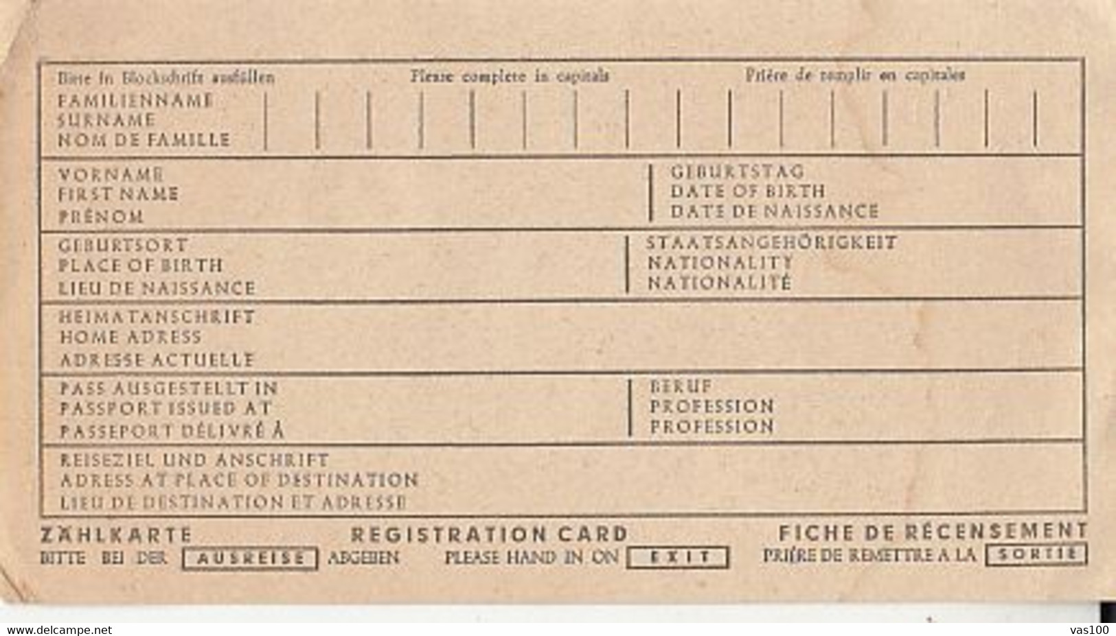 VISA CARD REGISTRATION FORM, GERMAN EMBASSY IN BUCHAREST INK STAMP, 1970, ROMANIA - 1950 - ...