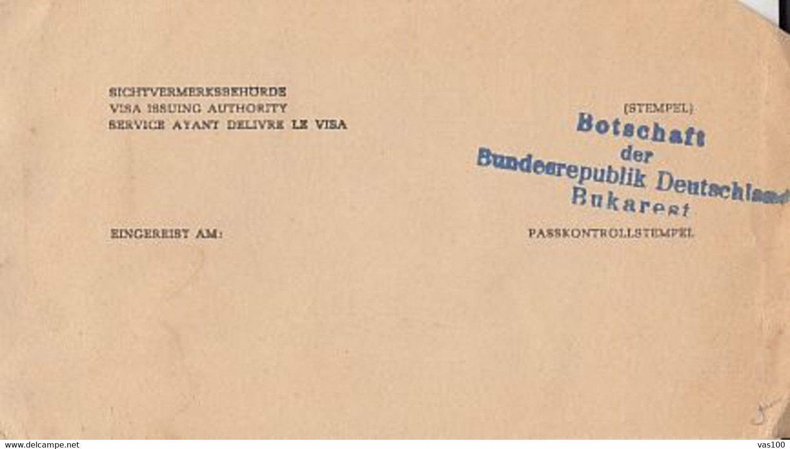 VISA CARD REGISTRATION FORM, GERMAN EMBASSY IN BUCHAREST INK STAMP, ABOUT 1970, ROMANIA - 1950 - ...