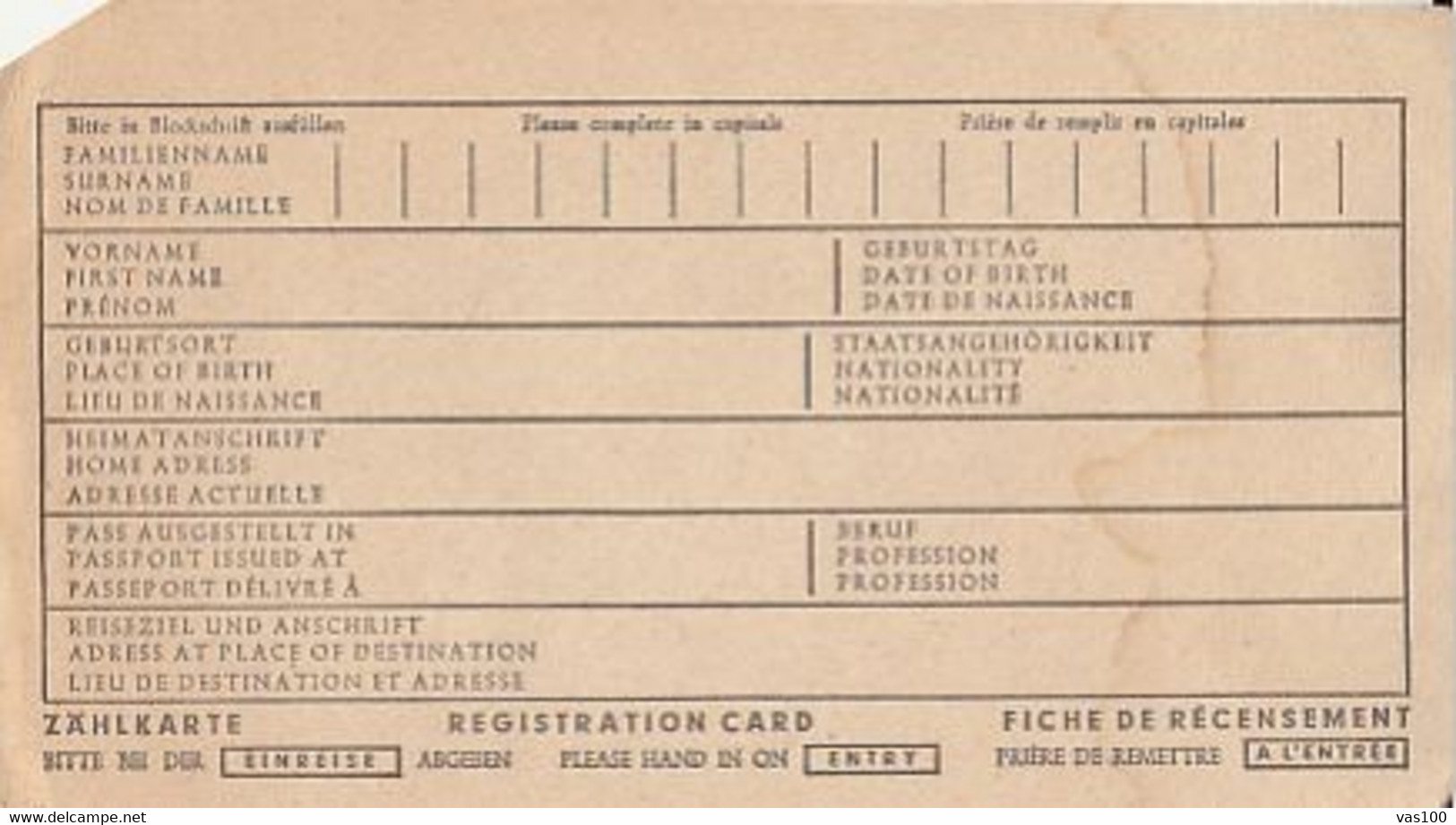 VISA CARD REGISTRATION FORM, GERMAN EMBASSY IN BUCHAREST INK STAMP, ABOUT 1970, ROMANIA - 1950 - ...