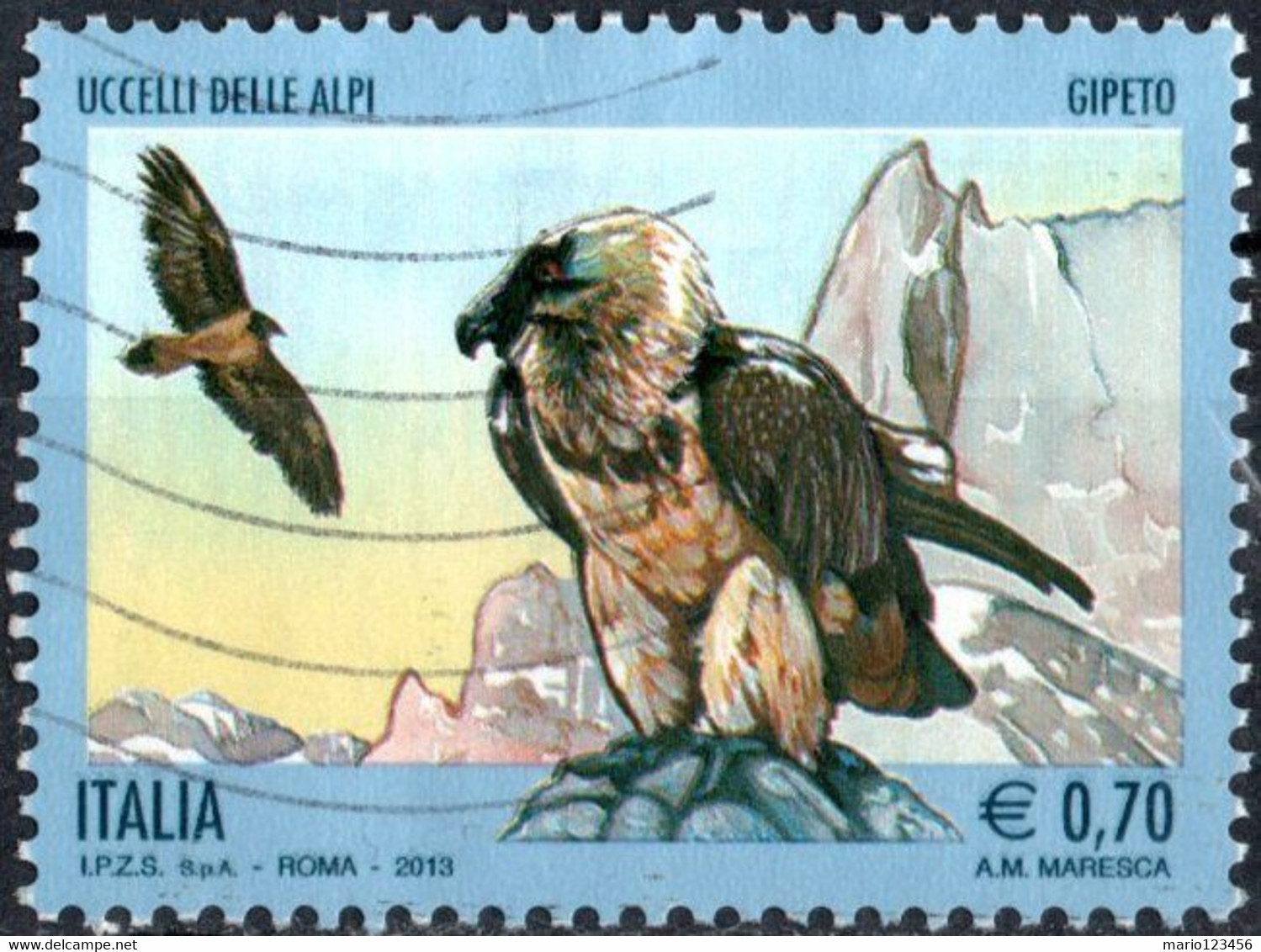 ITALIA, ITALIE, ITALY, FAUNA, UCCELLI, BIRDS, GIPETO, 2013, 0,70 €, FRANCOBOLLO USATO Mi.: IT 3671  YT: IT 3432 - 2011-20: Gebraucht