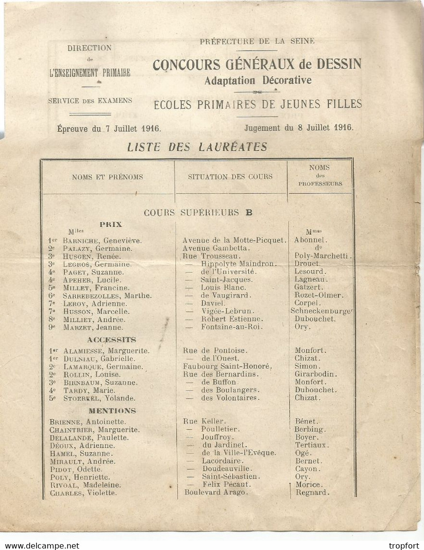 M13 /  Concours De DESSIN  ECOLE PRIMAIRE 1916  Lauréates DEPARTEMENT DE LA SEINE PARIS  EXAMENS - Décrets & Lois