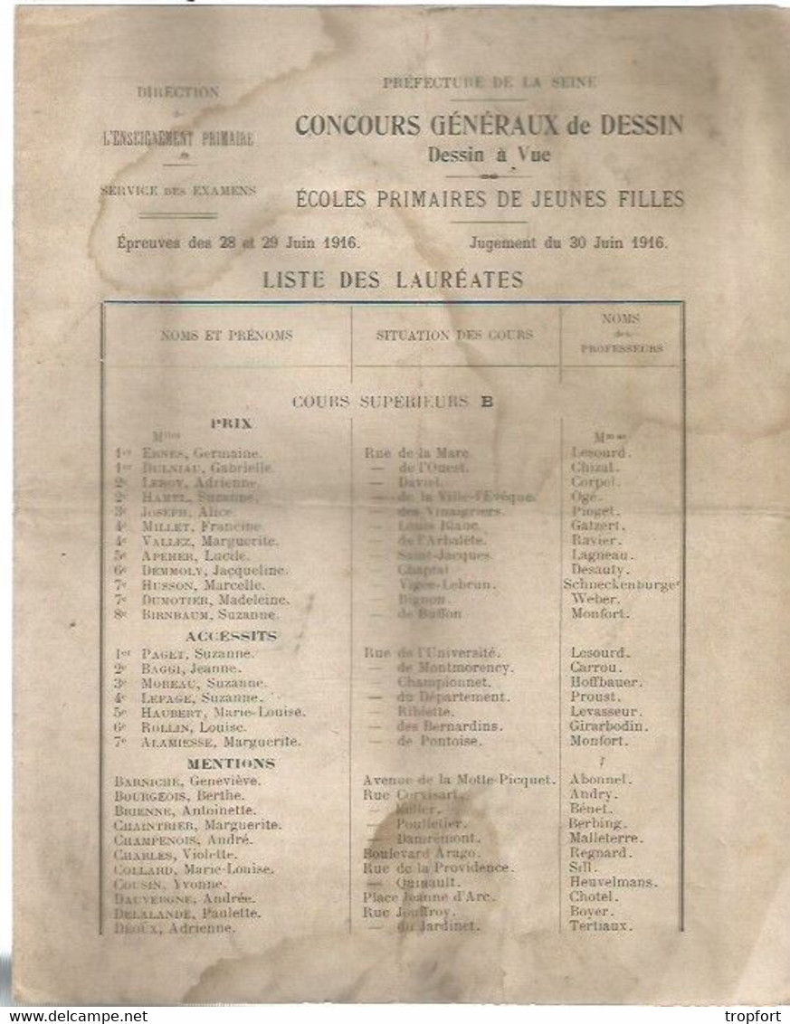 M13 /  Concours De DESSIN  ECOLE PRIMAIRE 1916  Lauréates DEPARTEMENT DE LA SEINE PARIS  EXAMENS - Décrets & Lois