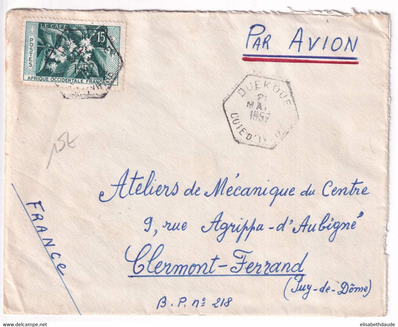 AOF - COTE D'IVOIRE - 1957 - CACHET HEXAGONAL ! ENVELOPPE De DUEKOUE => CLERMONT-FERRAND - Covers & Documents