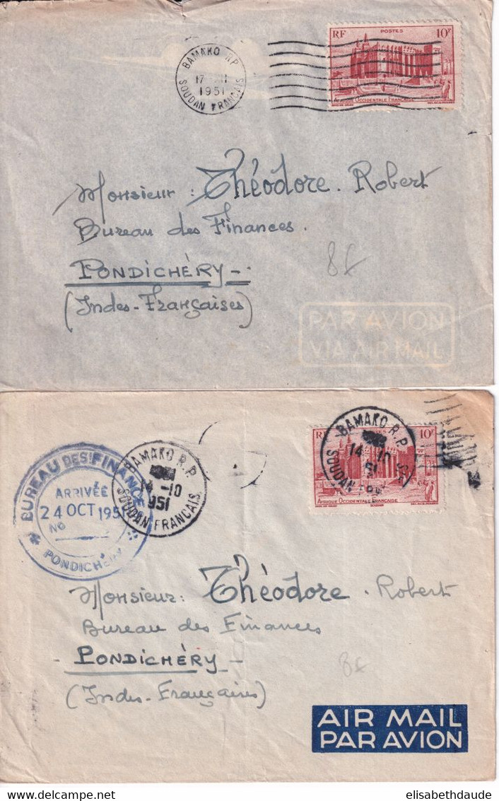AOF - SOUDAN - 1951 - 2 ENVELOPPES De KATI OBLITERATION BAMAKO => PONDICHERY (INDE FRANCAISE) ! - Cartas & Documentos