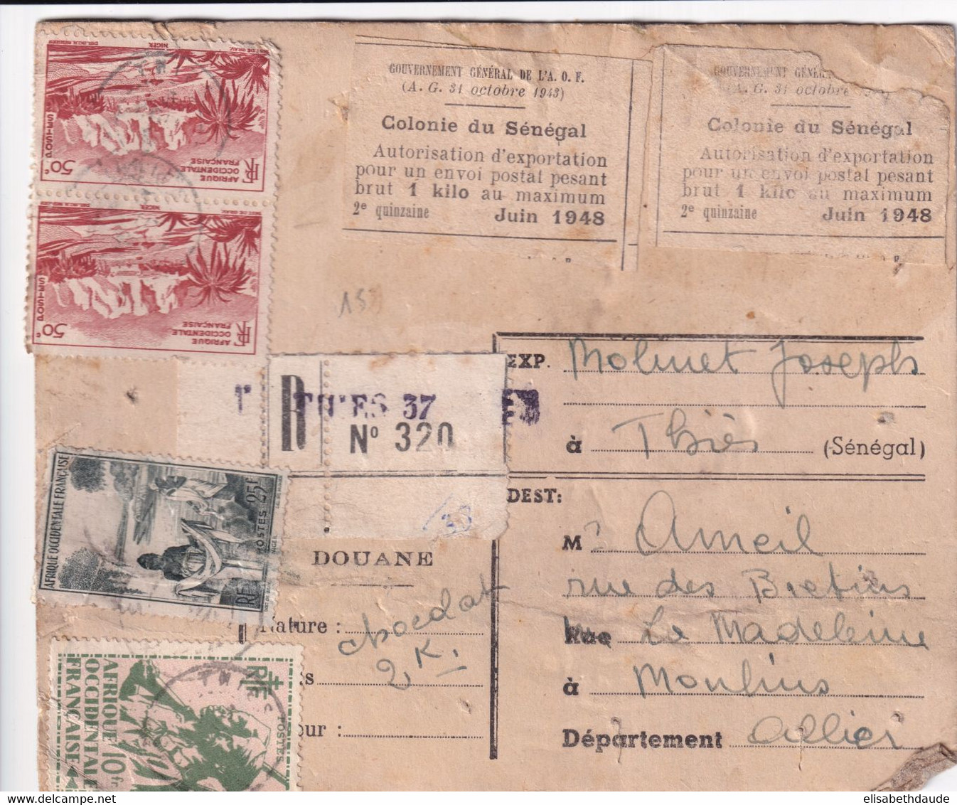 AOF - SENEGAL - 1948 - CARTE COLIS 2Kg CHOCOLAT RECOMMANDEE De THIES Avec DOUANE => MOULINS - Covers & Documents