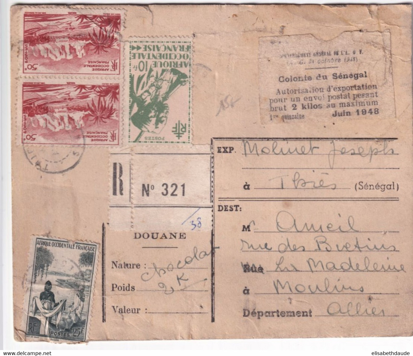 AOF - SENEGAL - 1948 - CARTE COLIS 2Kg CHOCOLAT RECOMMANDEE De THIES Avec DOUANE => MOULINS - Covers & Documents