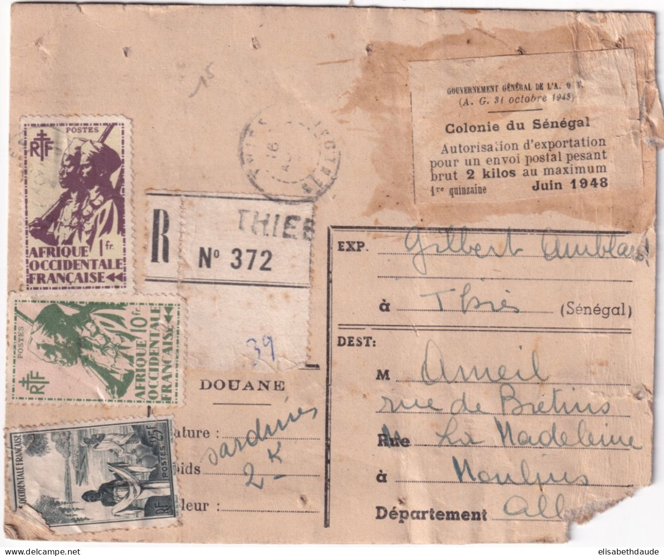 AOF - SENEGAL - 1948 - CARTE COLIS 2Kg CHOCOLAT RECOMMANDEE De THIES Avec DOUANE => MOULINS - Cartas & Documentos