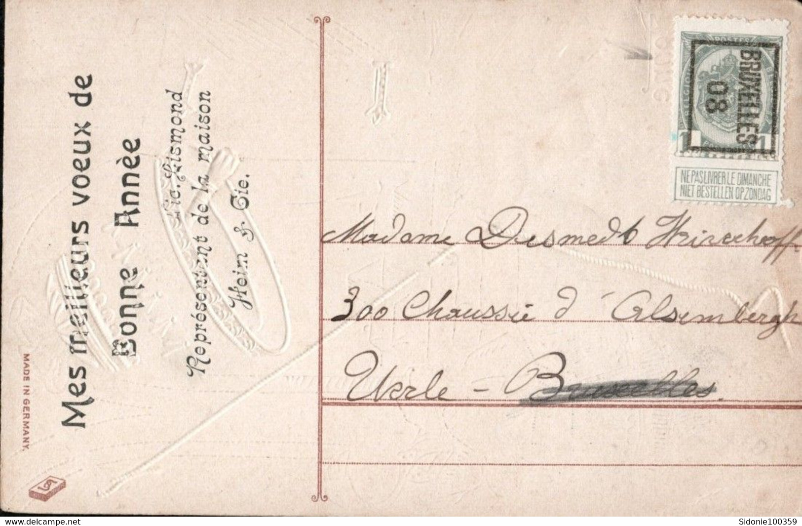 Carte Illustrée (Bonne Année) Envoyée Vers Uccle Affranchie Avec Un Timbre Préoblitéré En 1908 - Typo Precancels 1906-12 (Coat Of Arms)