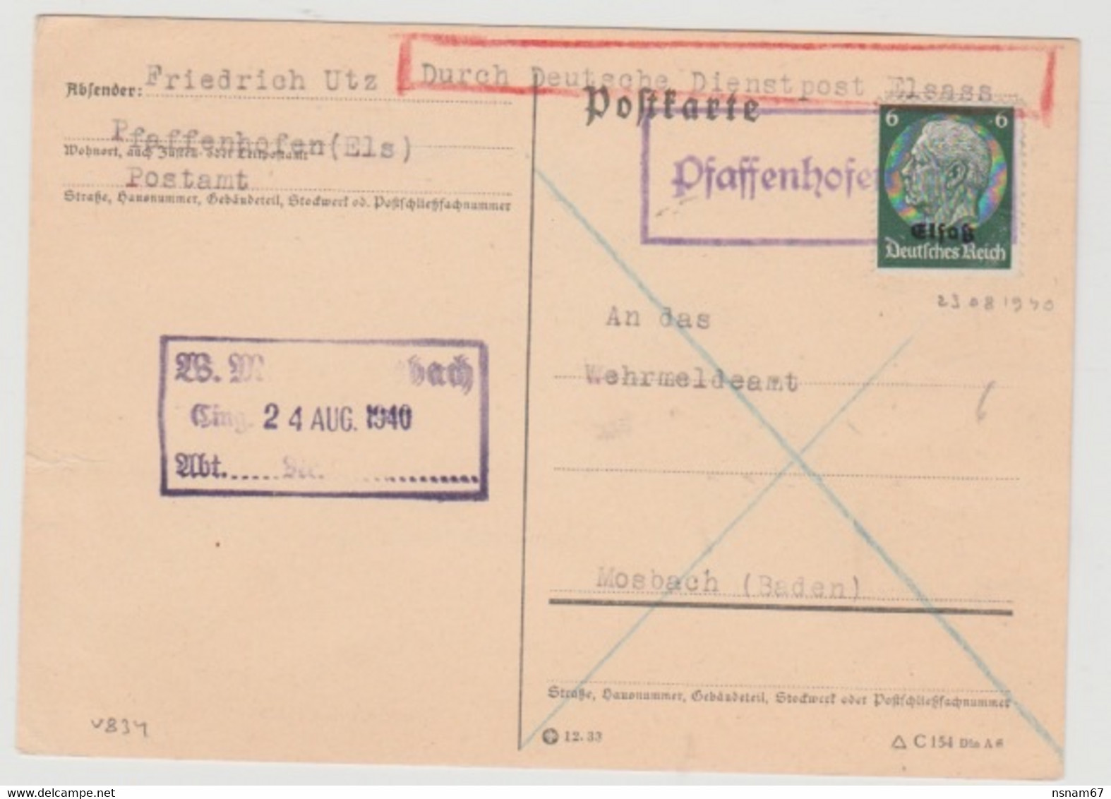 V834 - PFAFFENHOFEN (Els) - 23 Aout 1940 - Type SPAL 300 - Cachet Provisoire - Alsace - PFAFFENHOFFEN - - Covers & Documents