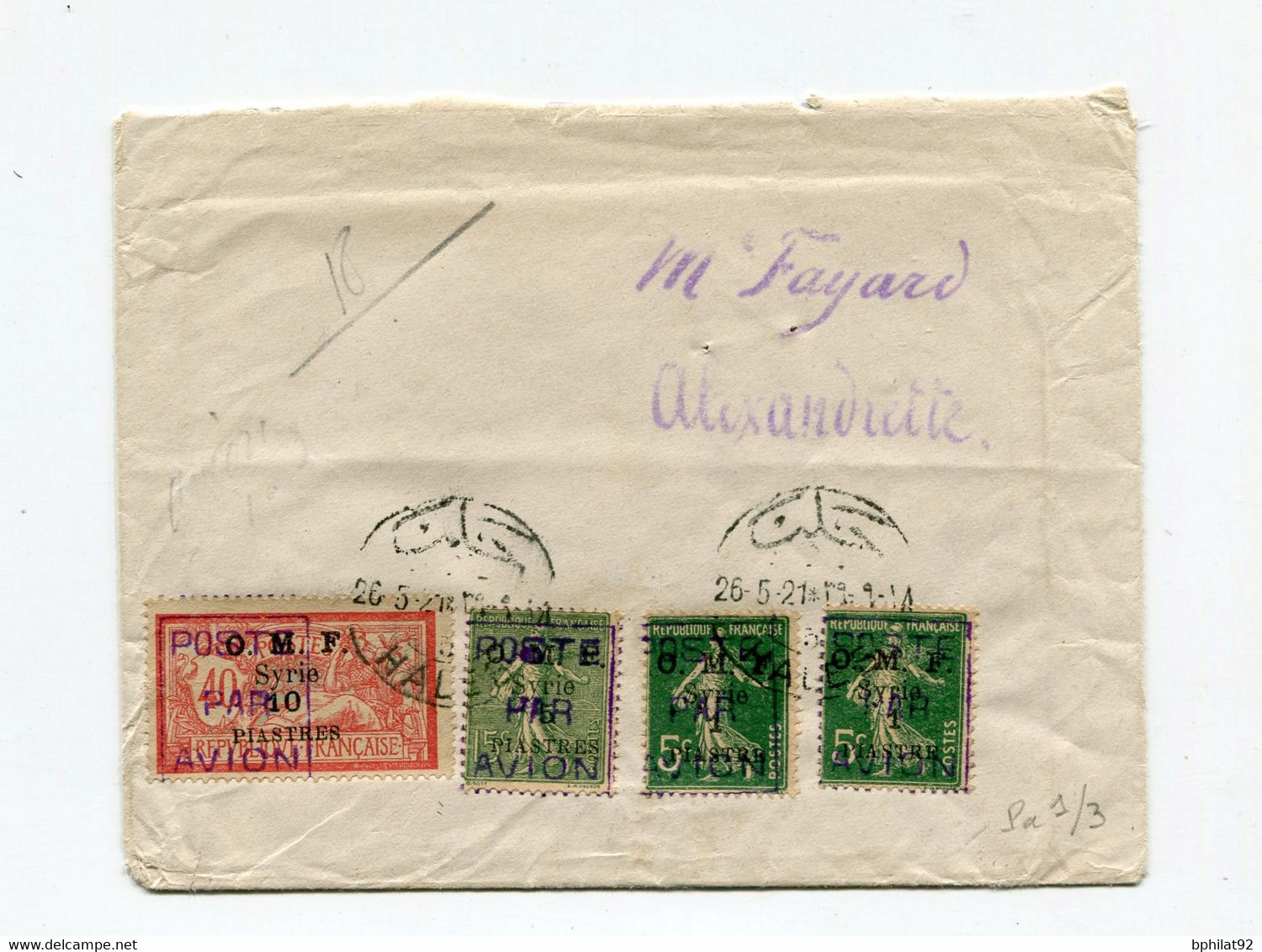 !!! SYRIE, LETTRE D'ALEP POUR ALEXANDRETTE DE 1921 AFFRANCH PA N°1/3 - Briefe U. Dokumente