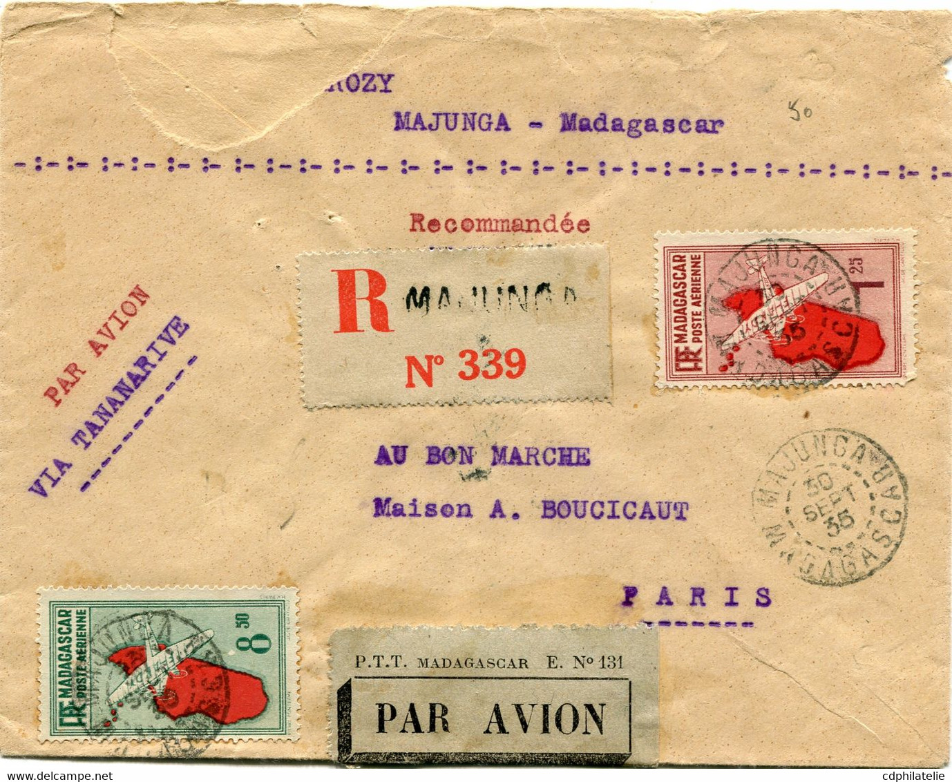 MADAGASCAR LETTRE RECOMMANDEE PAR AVION DEPART MAJUNGA 30 SEPT 35 MADAGASCAR POUR LA FRANCE - Other & Unclassified