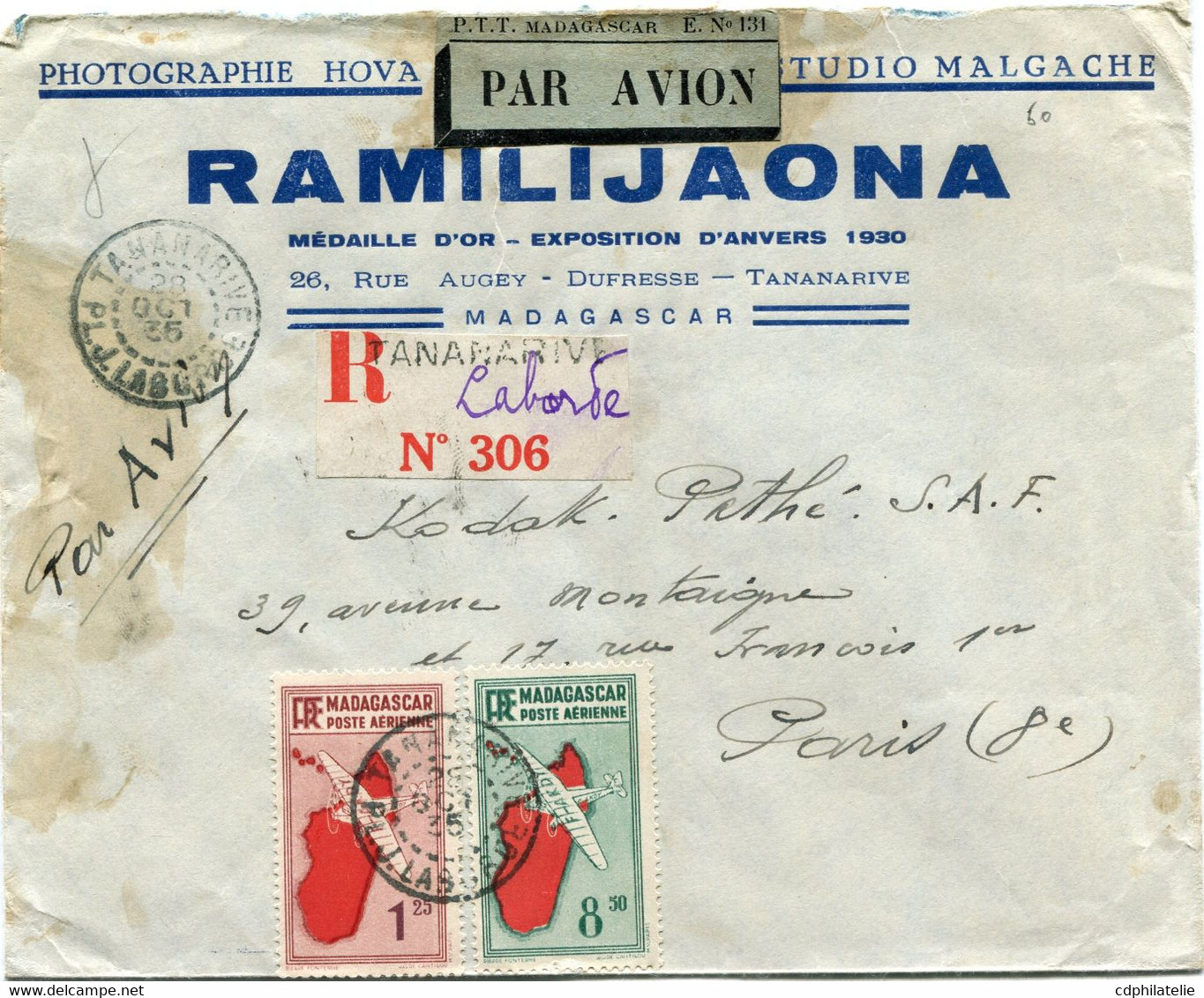 MADAGASCAR LETTRE RECOMMANDEE PAR AVION DEPART TANANARIVE 28 OCT 35 PL. LABORDE POUR LA FRANCE - Altri & Non Classificati