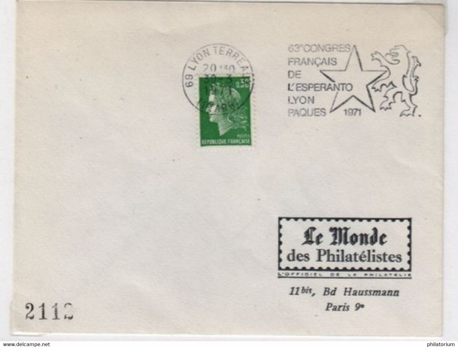 Esperanto, 63° Congrès, Lyon Terreaux, Pâques 1971, Flamme Du 30 Mars 1971 - Esperanto