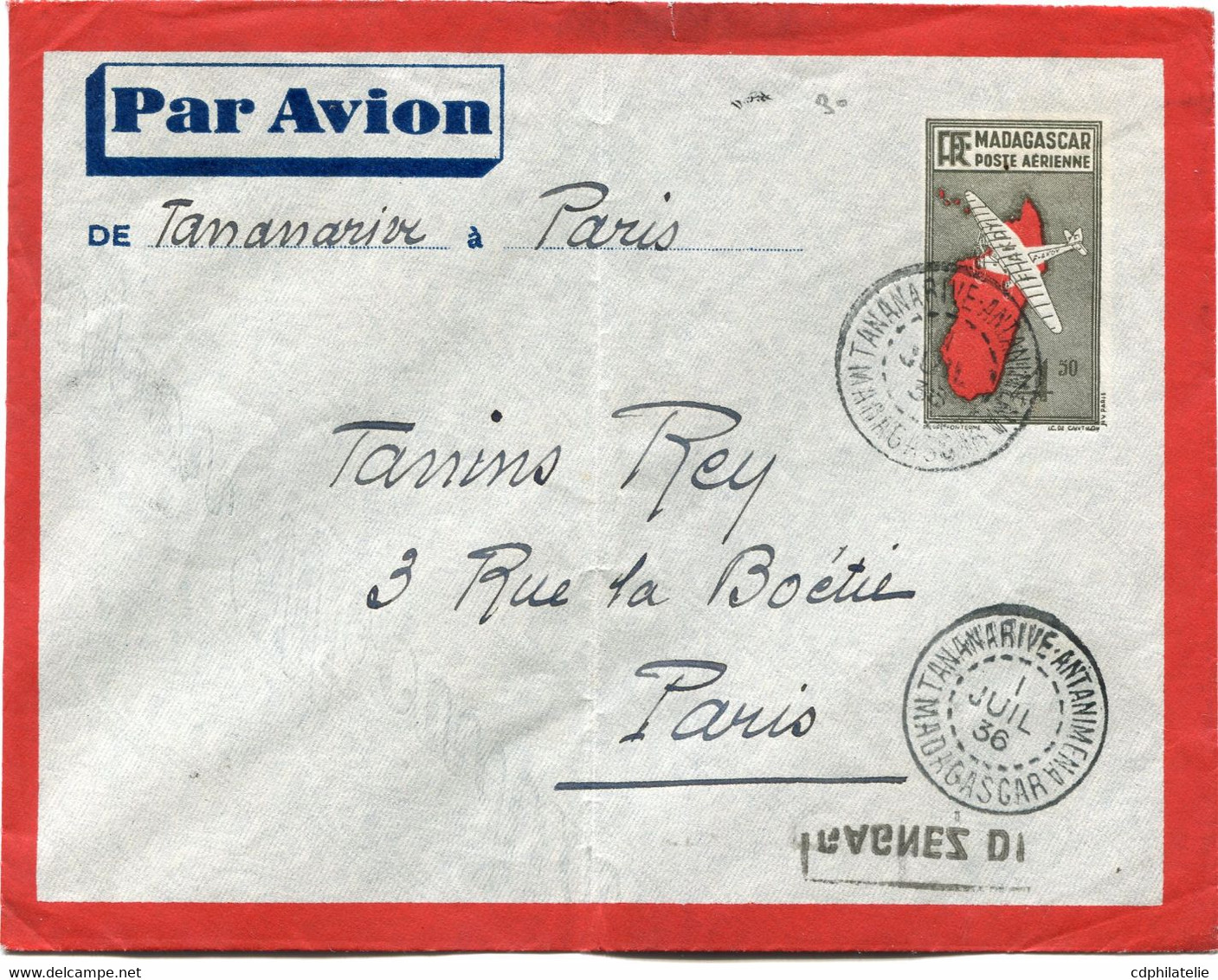 MADAGASCAR ENTIER POSTAL PAR AVION DEPART TANANARIVE-ANTANIMENA 1 JUIL 36 MADAGASCAR POUR LA FRANCE - Autres & Non Classés