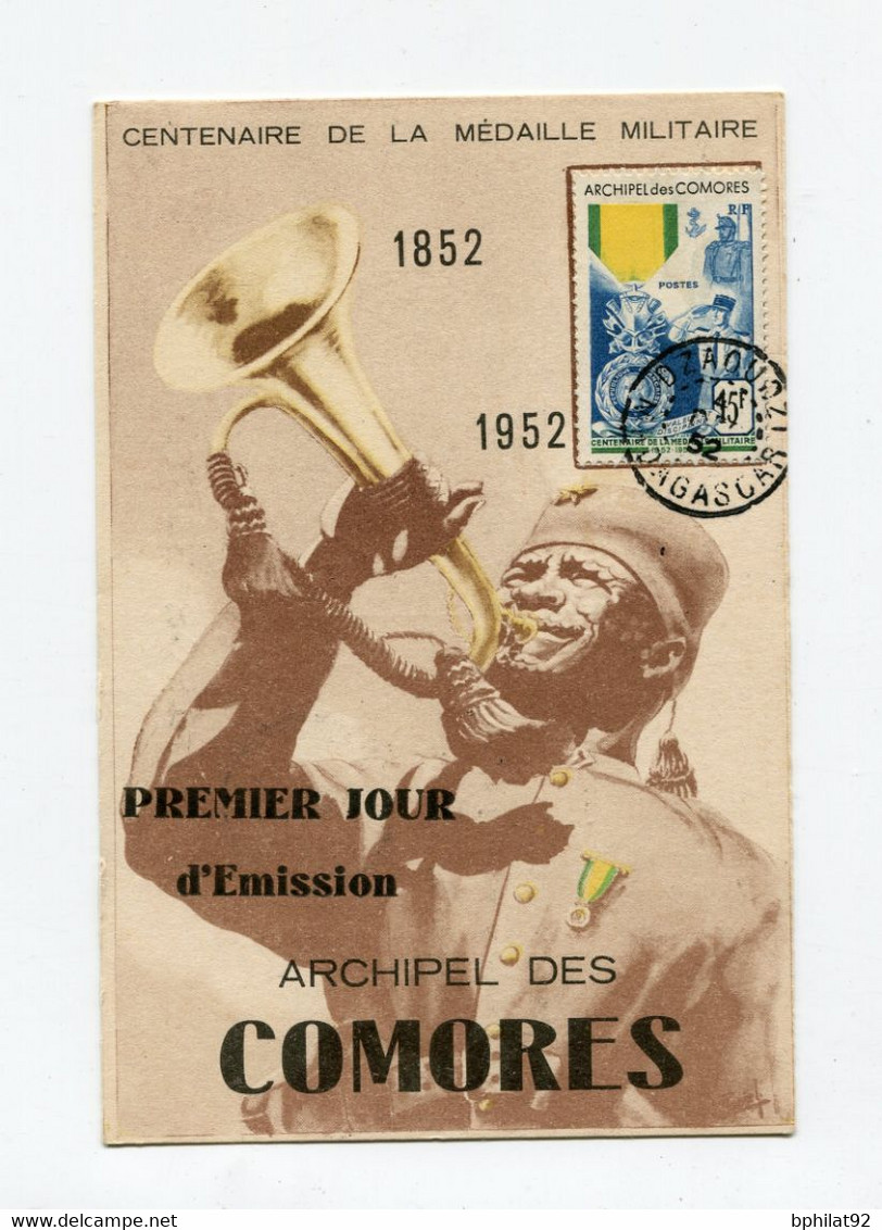 !!! COMORES, CARTE MAXIMUM MEDAILLE MILITAIRE, CACHET DE DZAOUZI DE 1952 - Storia Postale