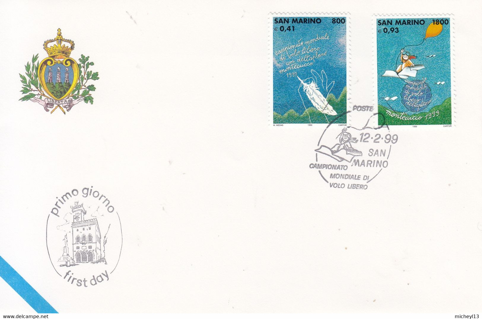 San Marino-12/2/199-Championnat Du Monde De Vol Libre En Delteplane-timbres 1603 Et 1604 - Briefe U. Dokumente