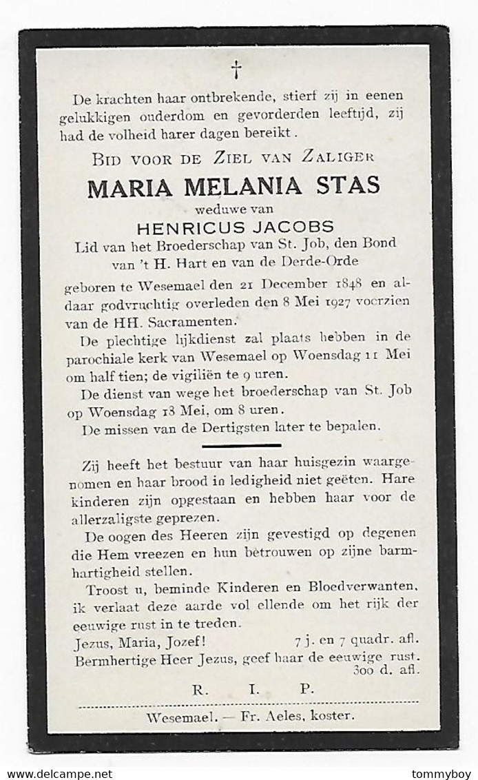 Maria Melania Stas, Wesemael 1848 - Wesemael 1927 - Todesanzeige