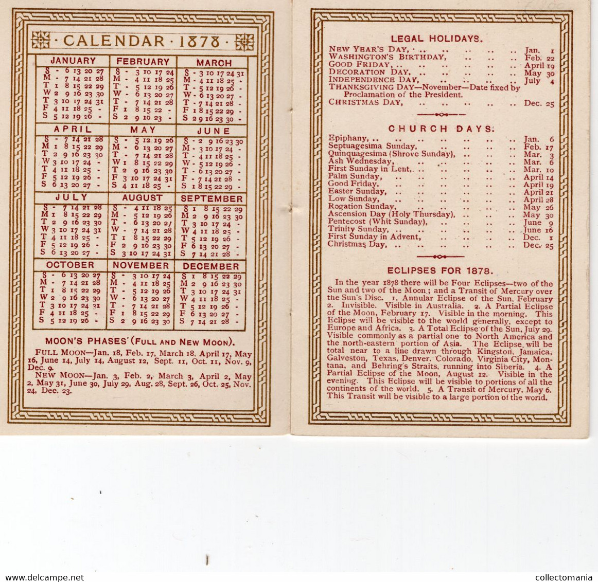 1 Carnet Booklet Calendrier 1878  Eclipses 1878 The Saisons Lith.Marcus Ward & C° - Petit Format : 1901-20