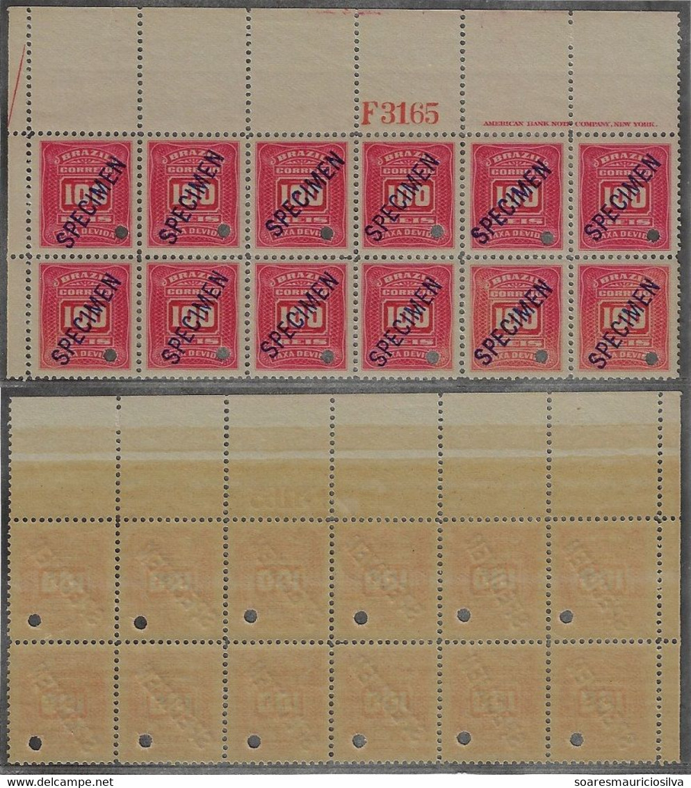 Brazil 1906 Block Of 12 Postage Due Stamp RHM-30 American Bank Note ABN 100 Réis Specimen Hole Overprint Mint - Impuestos