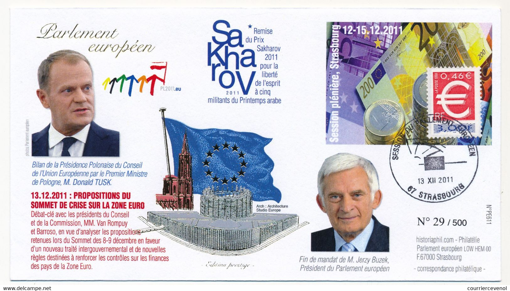 FRANCE - Envel Affr 0,46e EURO, Obl Session Du Parlement Europ. Strasbourg 13/12/2011 - Donald Tusk (Pologne), M. Buzek. - Briefe U. Dokumente