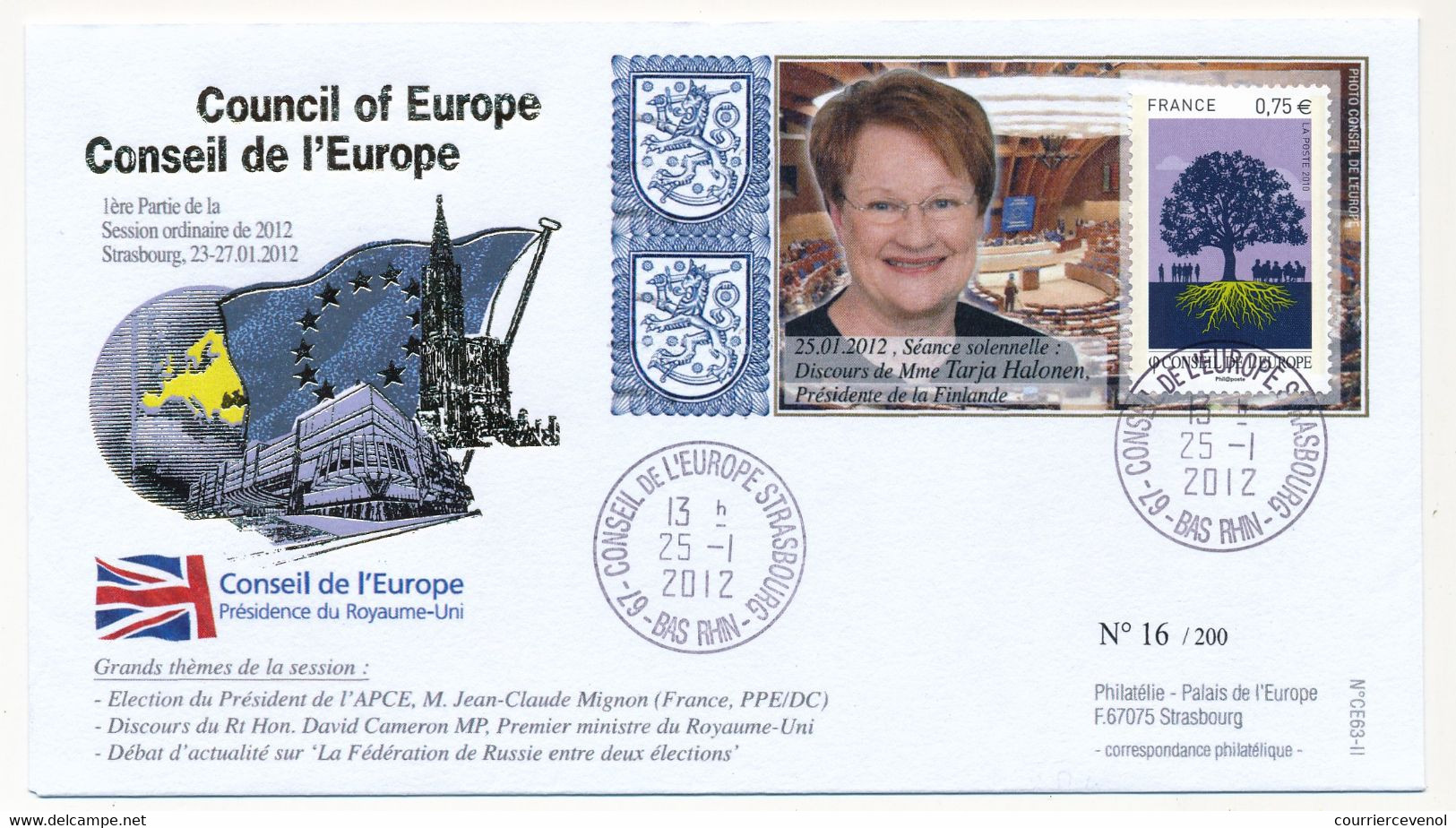 Envel Affr 0,75E Conseil Europe Obl Conseil Europe Strasbourg 23/1/2012 - Mme Tarja Halonen (Finlande) - Storia Postale