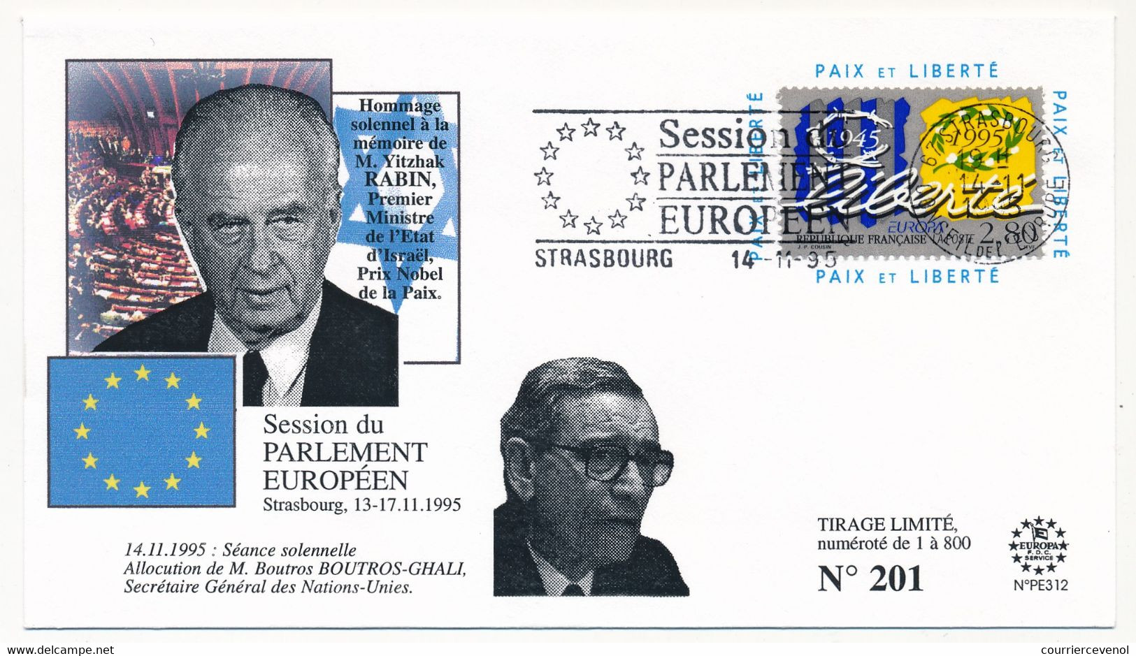 Envel Affr 2,80F Europa - OMEC Session Parlement Europ. Strasbourg 14/11/1999 - Hommage Yitzhav RABIN, Israël - Cartas & Documentos